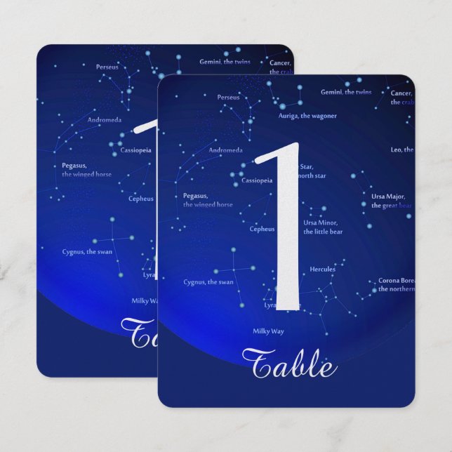 Invitation Constellation sur table de mariage bleue numéro (Devant / Derrière)