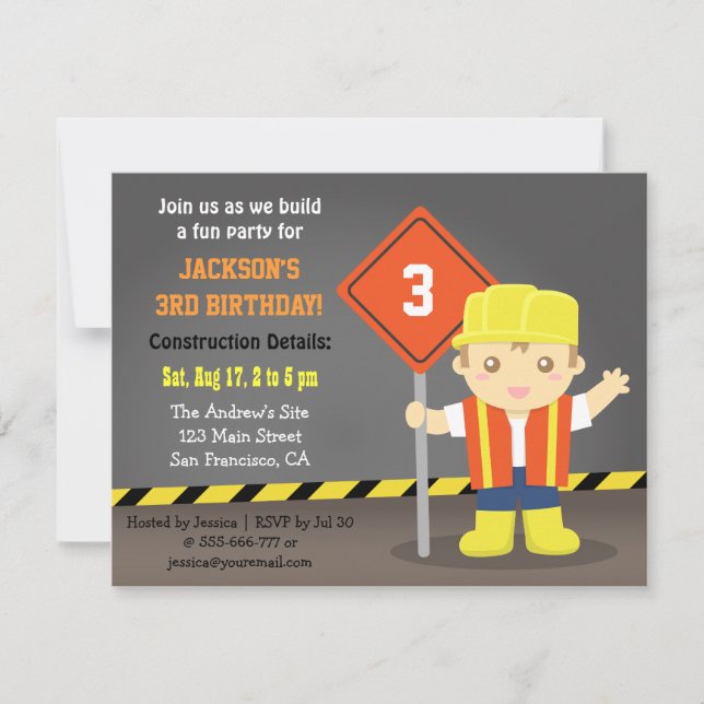 Invitation Constructeur Boy Construction Thème Anniversaire F (Devant)