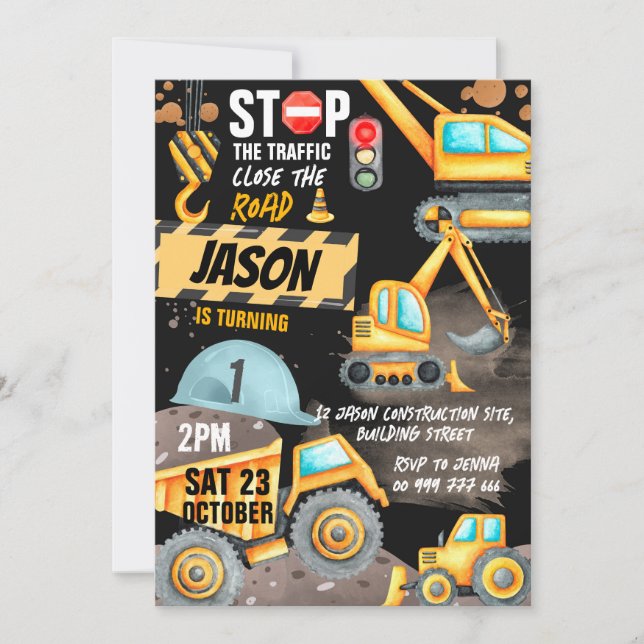 Invitation Construction 1er Anniversaire Fête Trump Truck Dig (Devant)