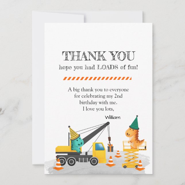 Invitation Construction 2e fête d'anniversaire, Thème Dinosau (Devant)