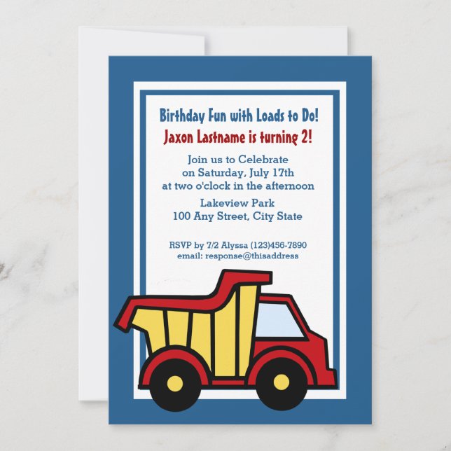 Invitation Construction Amusant Anniversaire Camion de vidage (Devant)
