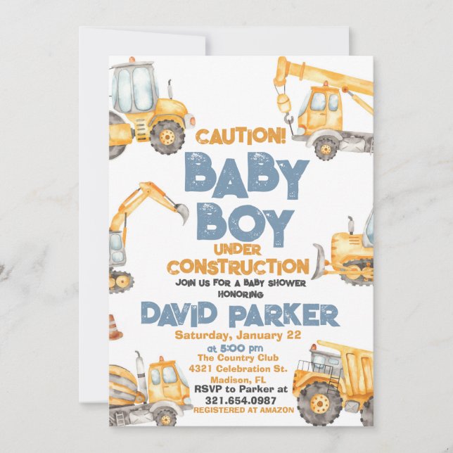 Invitation Construction Baby Boy Dump Truck Party (Devant)