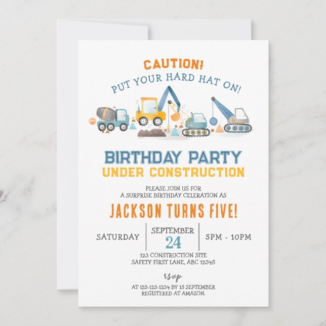 Invitation Construction Birthday, Digger Boy 5th Birthday (Devant)