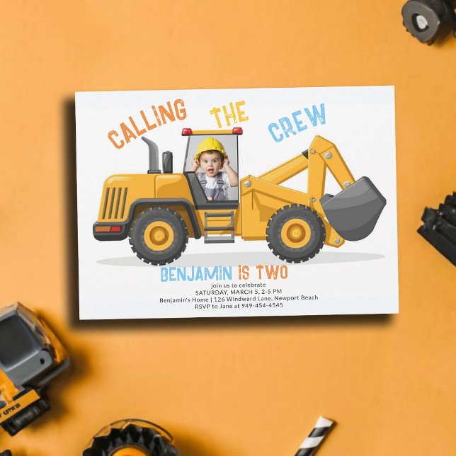 Invitation Construction Bulldozer Crew Photo Boy 2e anniversa (photo construction invitation 2nd birthday second boys bulldozer vehicle theme personalized)