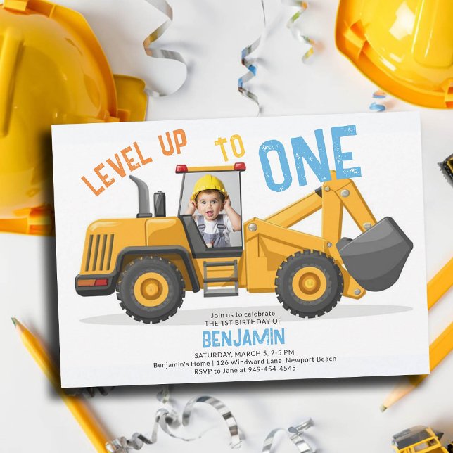 Invitation Construction Bulldozer Niveau haut Photo 1er anniv (photo construction invitation 1st birthday first boys bulldozer vehicle theme personalized)