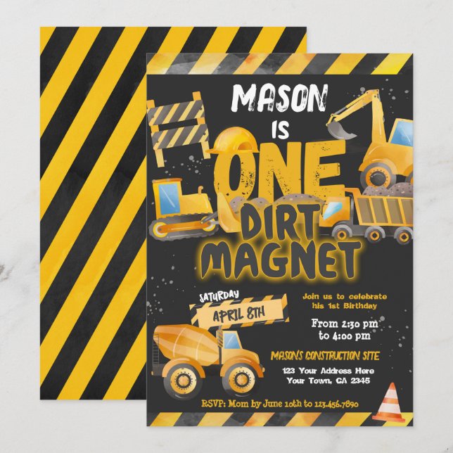 Invitation Construction, Camion de vidange 1er anniversaire (Devant / Derrière)