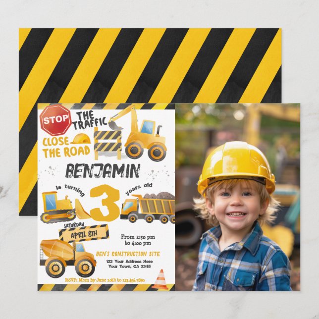 Invitation Construction, Camion de vidange 3e anniversaire (Devant / Derrière)