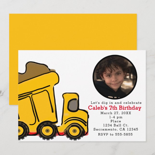Invitation Construction Camion Photo Anniversaire Fête Invita (Devant / Derrière)