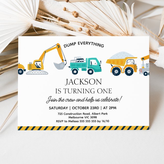 Invitation Construction de Camion de Pompage moderne 1er anni (Modern Construction 1st Birthday Invitation, Dump Everything Construction Birthday Invite, Truck)