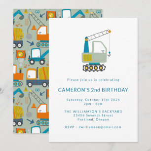 Invitation Construction Digger Trucks Bleu 2e fête d'annivers