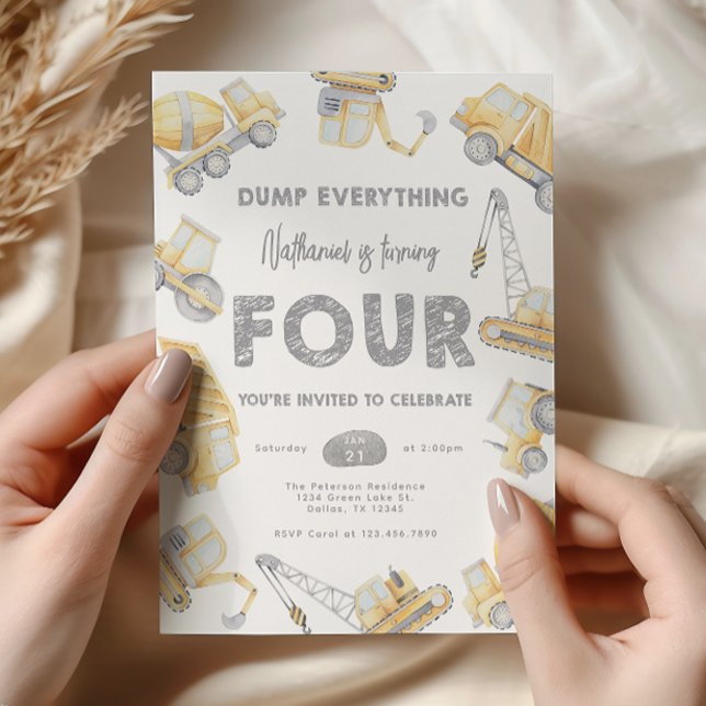 Invitation Construction Dump Truck FOUR 4th Birthday Party (Créateur téléchargé)