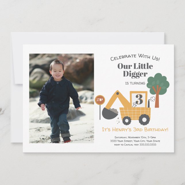 Invitation Construction Dump Truck Photo 3nd Birthday Party (Devant)