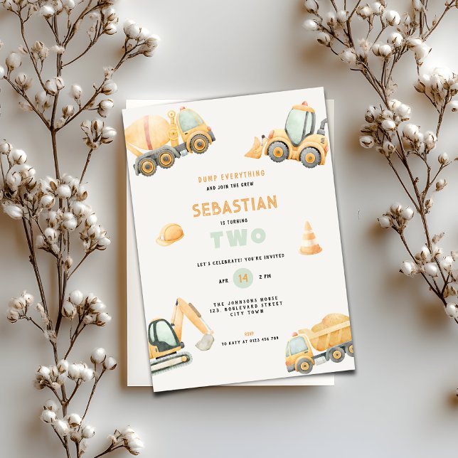 Invitation Construction Dump Truck Theme 2nd Birthday (Construction Dump Truck Party Boys Birthday Invitation)