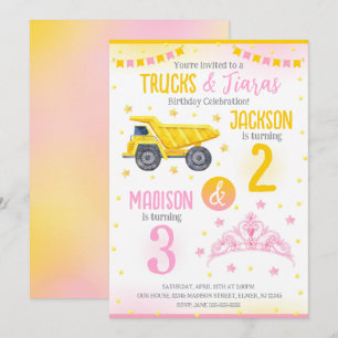 Invitation Construction et Princesse  Anniversaire commun des