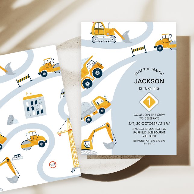 Invitation Construction Moderne Arrêter Le Trafic 1er Anniver (Modern Boys Construction 1st Birthday Invitation, Stop the Traffic 1st Birthday Invitation, Grey)