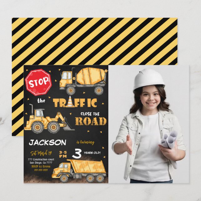 Invitation Construction modifiable Anniversaire Photo Invitat (Devant / Derrière)