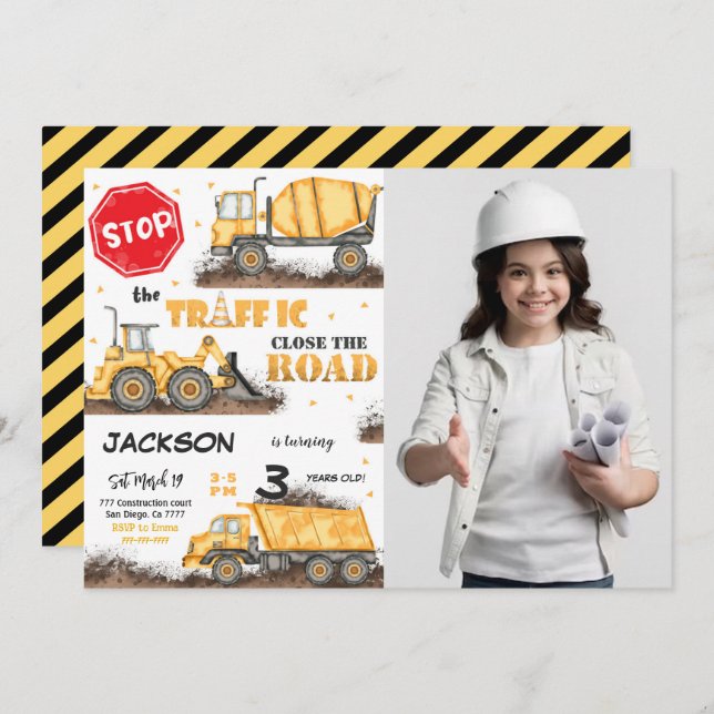 Invitation Construction modifiable Anniversaire Photo Invitat (Devant / Derrière)