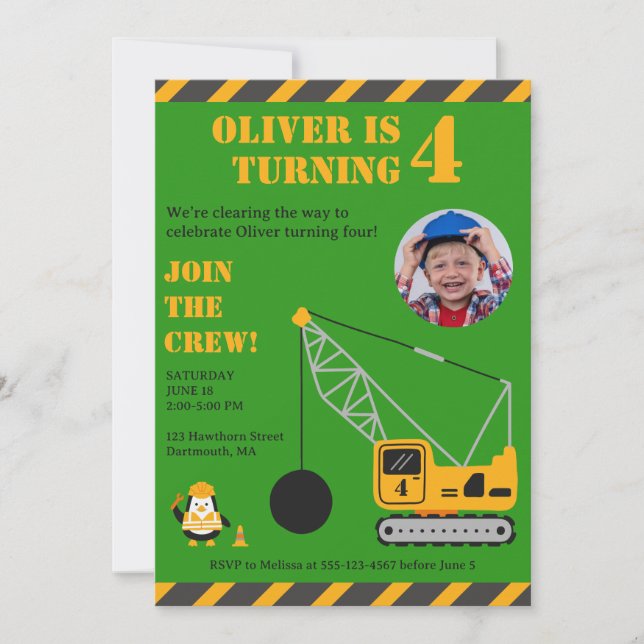 Invitation Construction pour enfants Vert mignon Anniversaire (Devant)