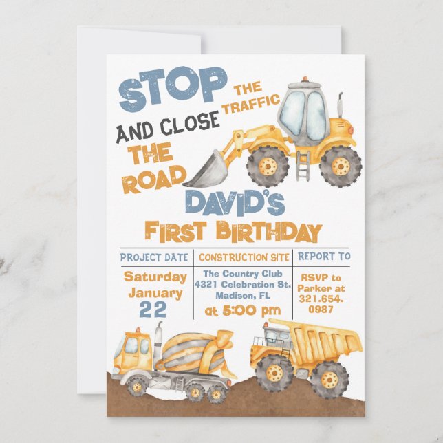 Invitation Construction Premier Anniversaire Truck Party (Devant)