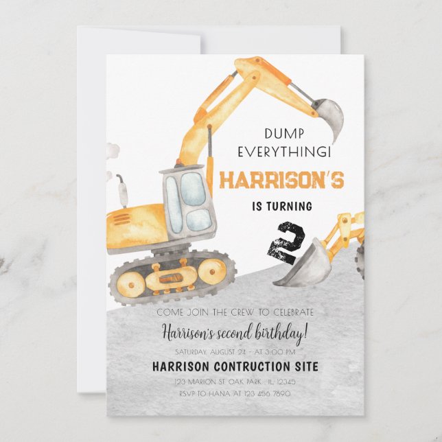 Invitation Construction Truck Digger 2e anniversaire (Devant)