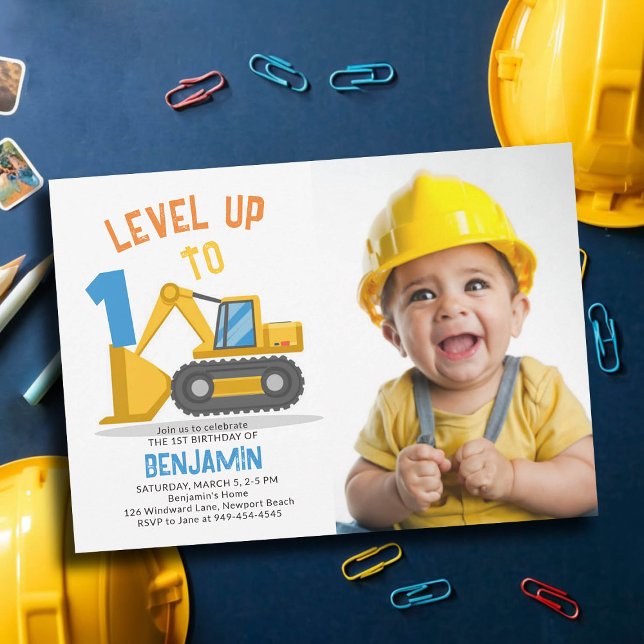 Invitation Construction Truck Level Up Photo Boy 1er annivers (photo construction invitation 1st birthday first one boys bulldozer vehicle truck theme personalized)
