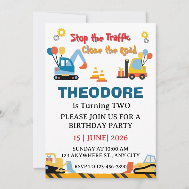 Invitation Construction Truck Vehicles Boys 2nd Birthday (Devant)