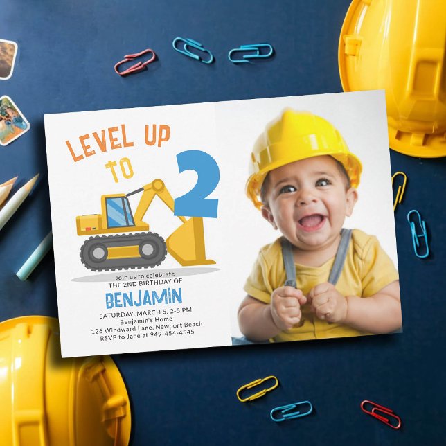 Invitation Construction Vehicle Party Photo Boy 2e anniversai (photo construction birthday party boy 2nd second bulldozer vehicle truck level up cute personalized)