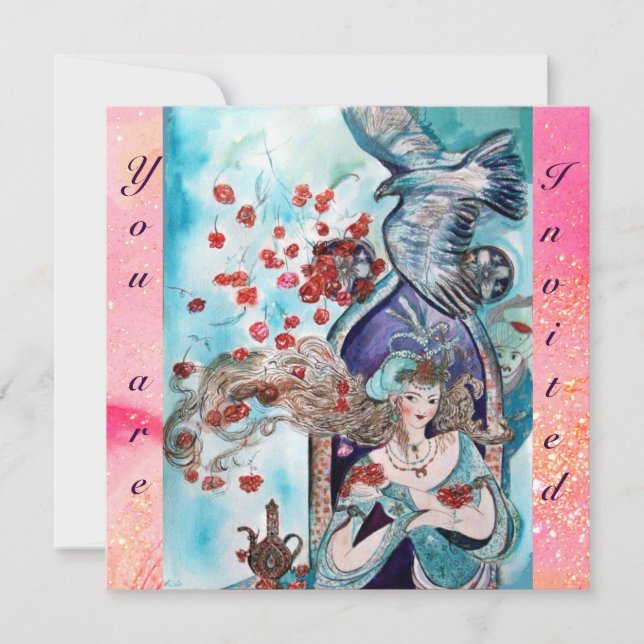 Invitation CONTE DE FÉES TURC ,rouge bleu rose vif scintille (Devant)