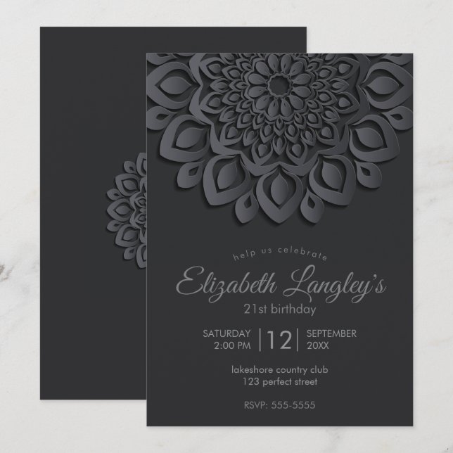 Invitation Contemporain Black Paper Cut Mandala Anniversaire (Devant / Derrière)