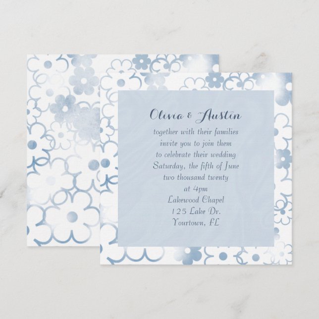 Invitation Contemporain bleu floral design mariage (Devant / Derrière)