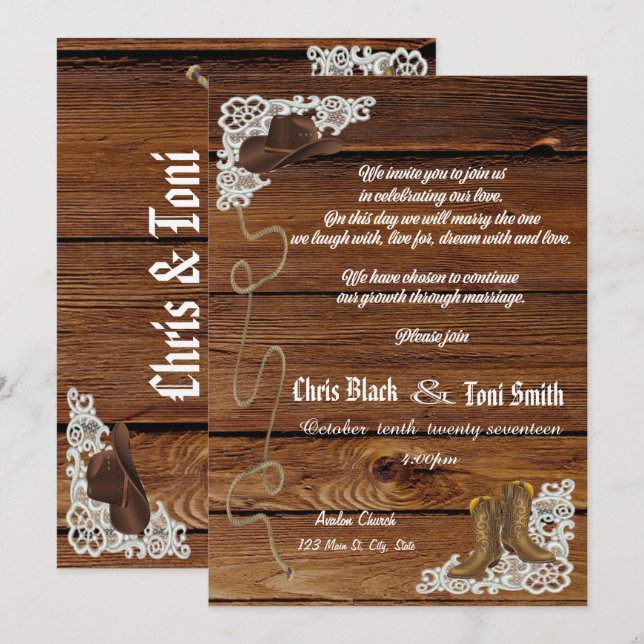 Invitation Contemporain Campagne Boots & Mariage de dentelle  (Devant / Derrière)