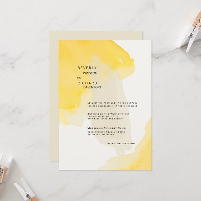 Invitation Contemporain Jaune & Crème Peinture Mariage II (Devant/Arrière en situation)