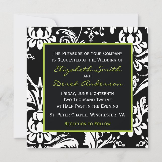 Invitation contemporaine noire et verte de damassé (Devant)