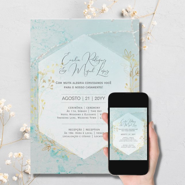 Invitation Convite Casamento Ouro Azul Turquesa portugais (Créateur téléchargé)