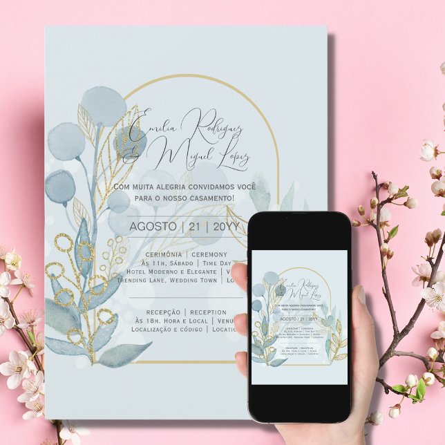 Invitation Convite de Casamento Ouro Azul Claro portugais (Créateur téléchargé)