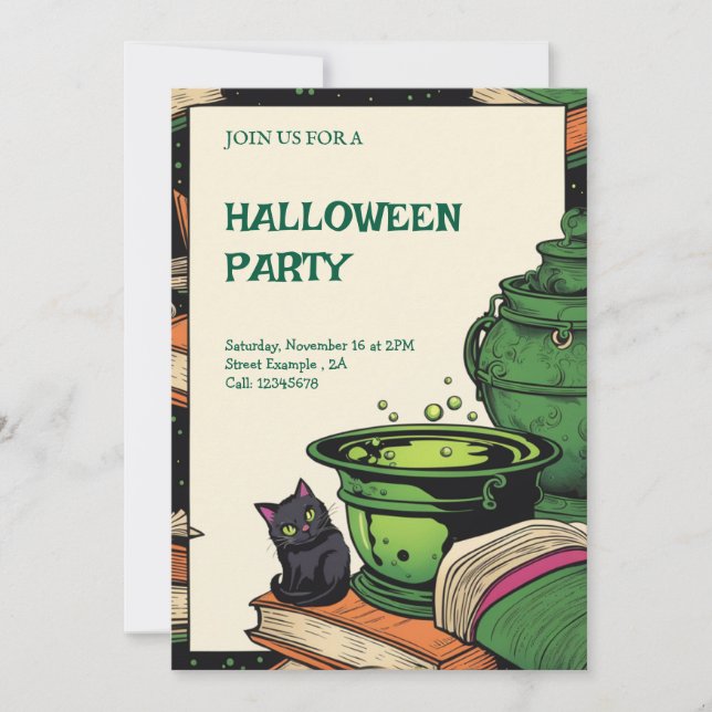 Invitation Convite Festa Halloween Caldeirão e Gato Preto (Devant)