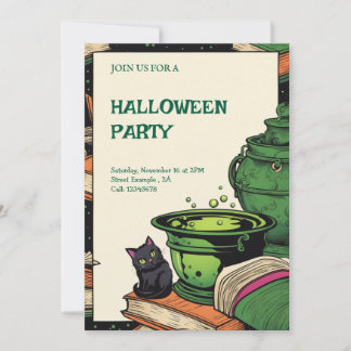Invitation Convite Festa Halloween Caldeirão e Gato Preto