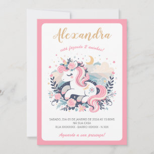 Invitation Convite Mágico Unicórnio Rosa em Português