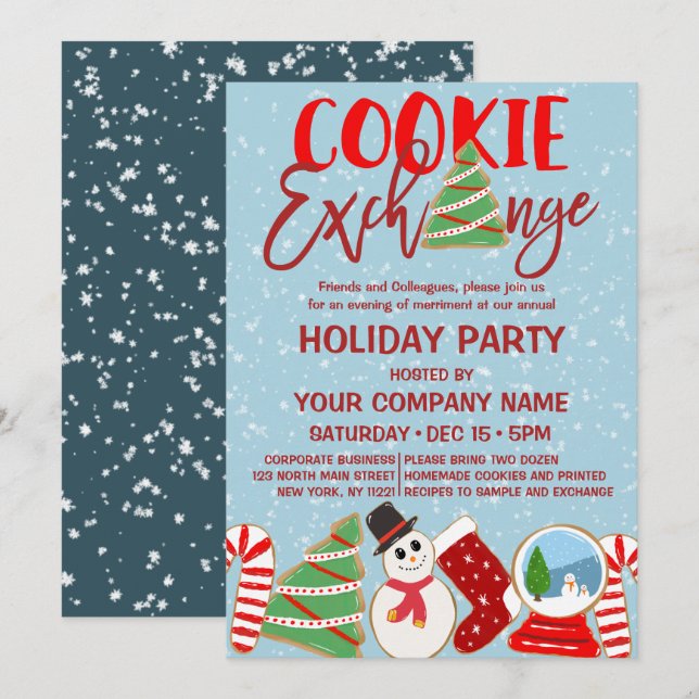 Invitation Cookie Exchange Red Blue Corporate Holiday (Devant / Derrière)