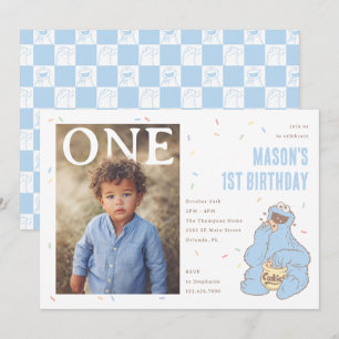 Invitation Cookie Monster Confettis Bleus Premier Anniversair