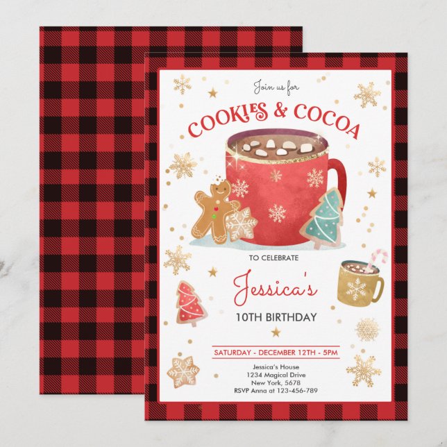 Invitation Cookies de Noël rouge et or et cacao Anniversaire (Devant / Derrière)