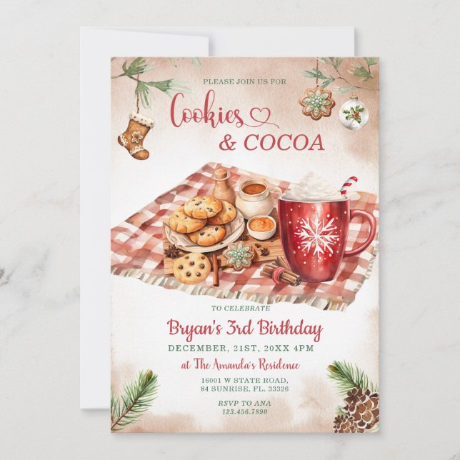Invitation Cookies et cacao Noël 3e fête d'anniversaire (Devant)