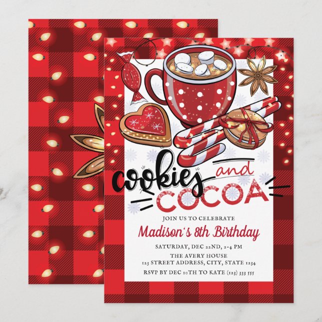 Invitation Cookies et cacao Noël anniversaire (Devant / Derrière)