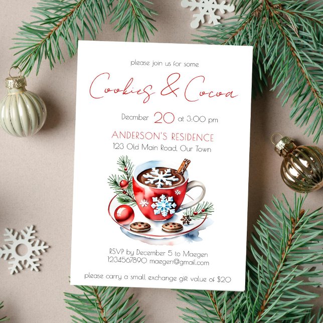 Invitation Cookies et cacao simple modèle de fête de Noël (Cookies and cocoa Christmas party template invitation instant download modern minimalist watercolor )