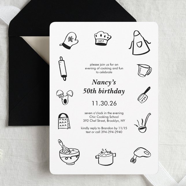 Invitation Cooking Birthday Party Hand Drawn Chef Minimalist  (Créateur téléchargé)