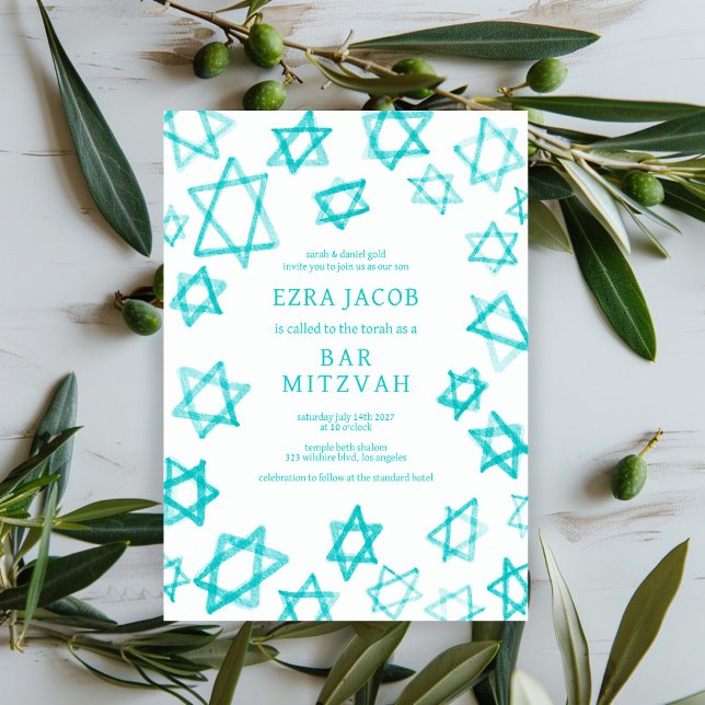 Invitation Cool aquarelle Aqua Star de David Bar Bat mitzvah (Watercolor Cool Aqua Teal Green Star of David Bar Bat Mitzvah Custom Invitation evite
)