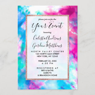 Invitation Cool Artsy Girly Purple Rose Blue Tie Dye Motif