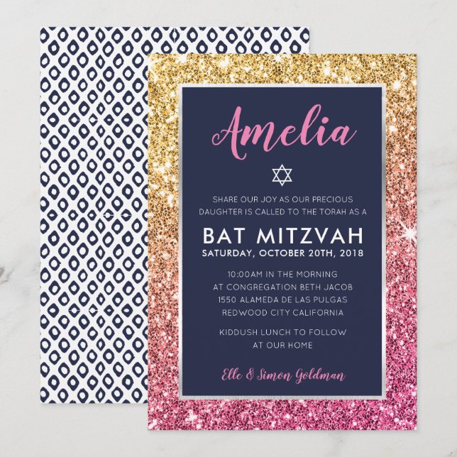 Invitation cool bat mitzvah marine rose or parties scintillan (Devant / Derrière)