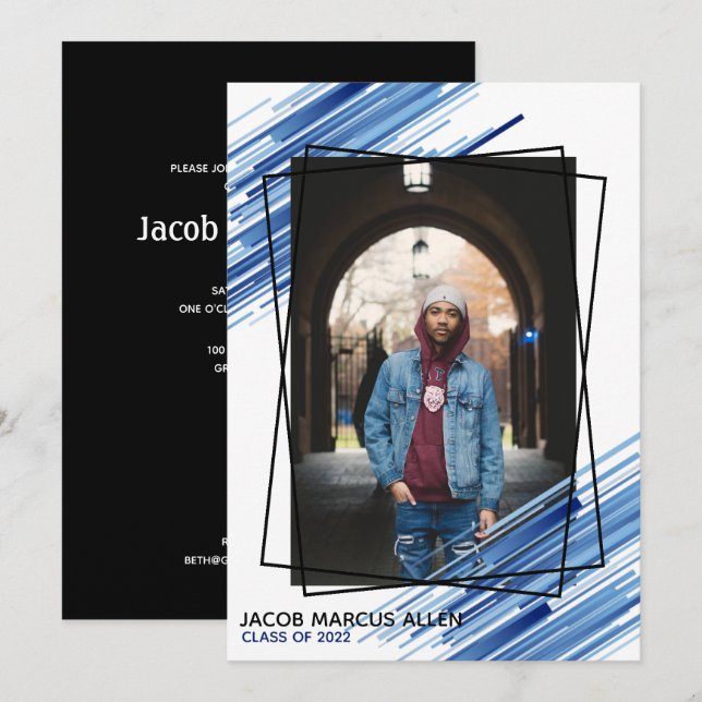 Invitation Cool Bleu Abstrait Photo Graduation (Devant / Derrière)