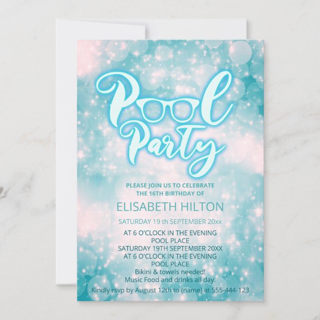 Invitation Cool bleu script pool fête bokee anniversaire (Devant)